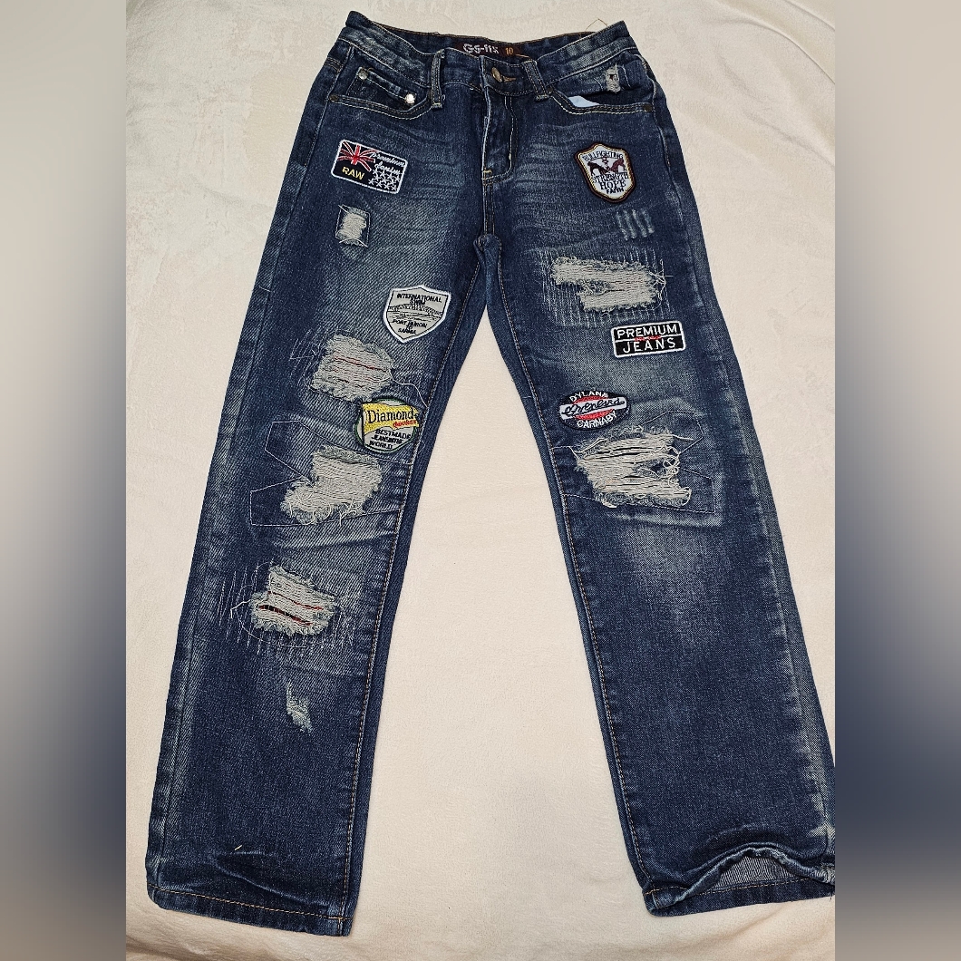 Boy's Size 10 Gs-115 Distressed Denim Jeans With Patches